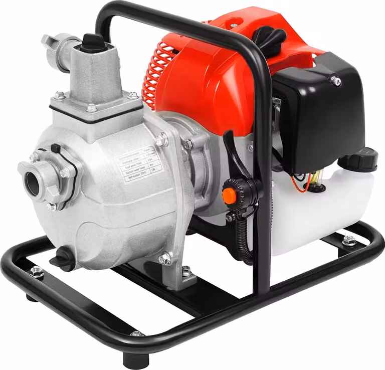 Pompa dell'acqua, motore a 2 tempi, portata elevata, potenza 1,25 kW, diametro di ingresso e uscita 25 mm, colore rosso e nero