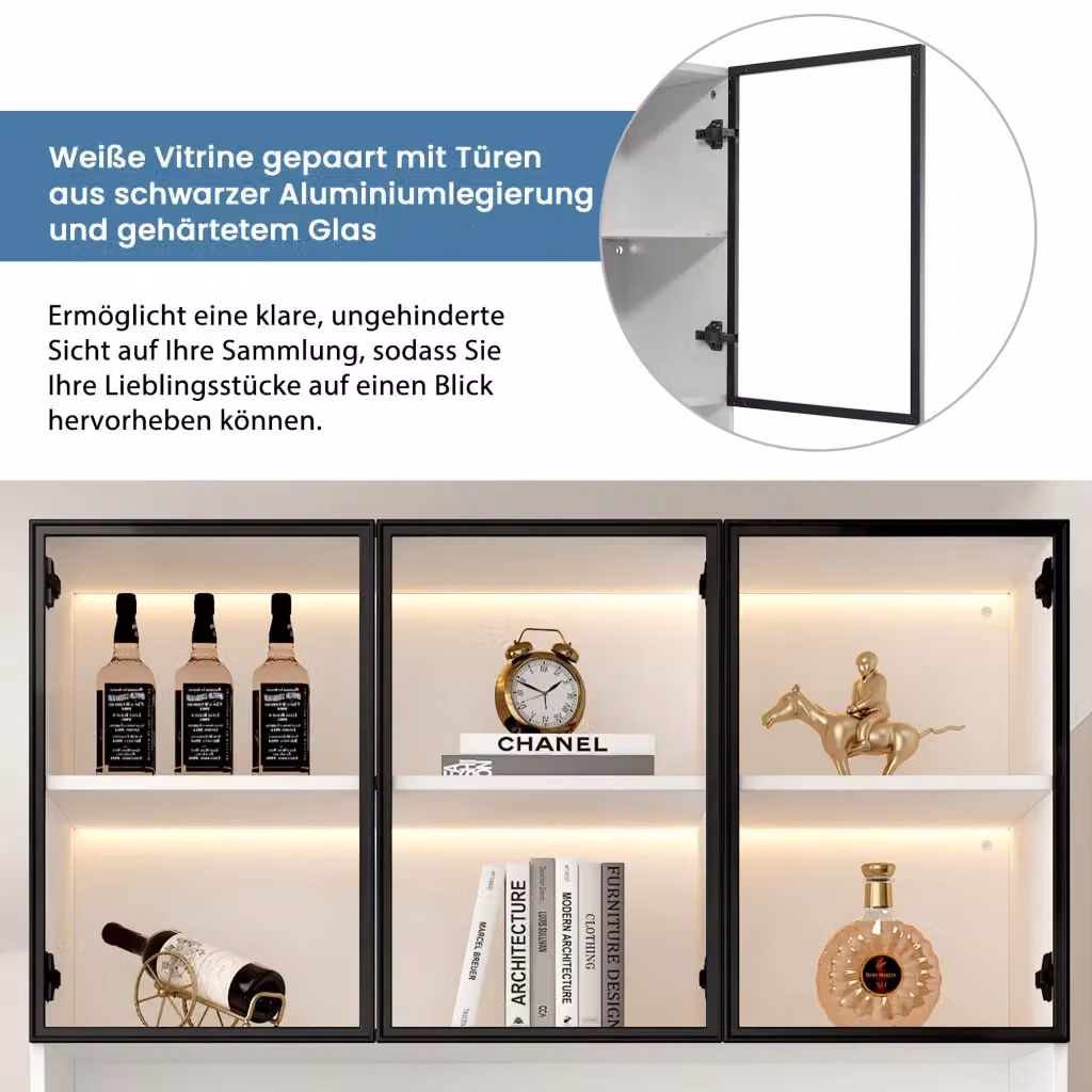 Vetrina REDOM moderna con LED, ante in vetro e telaio in alluminio nero, colore bianco, L: 240 cm, P: 30 cm, H: 200 cm – 2