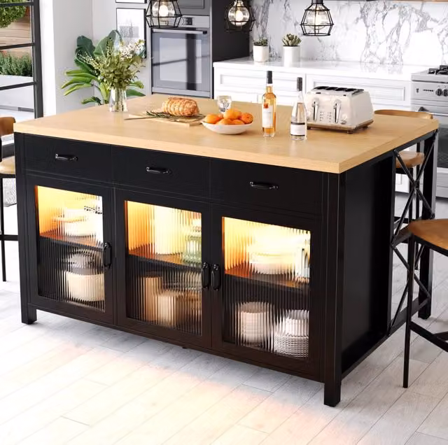 Isola Cucina Industriale con 3 Cassetti e Ante in Vetro, Piano in Legno 150x80 cm, Illuminazione LED, Piedini Regolabili, Nero e Naturale