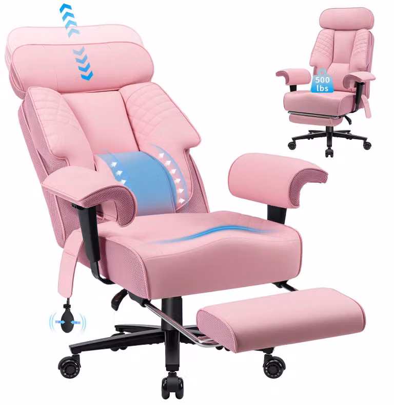 Sedia da ufficio, poggiatesta regolabile, supporto lombare, pelle rosa