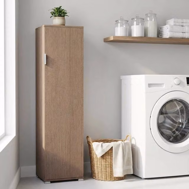 Armadietto da bagno ZAK in legno composito marrone con un anta e 4 ripiani, L/P/H: 40 x 33 x 151 cm