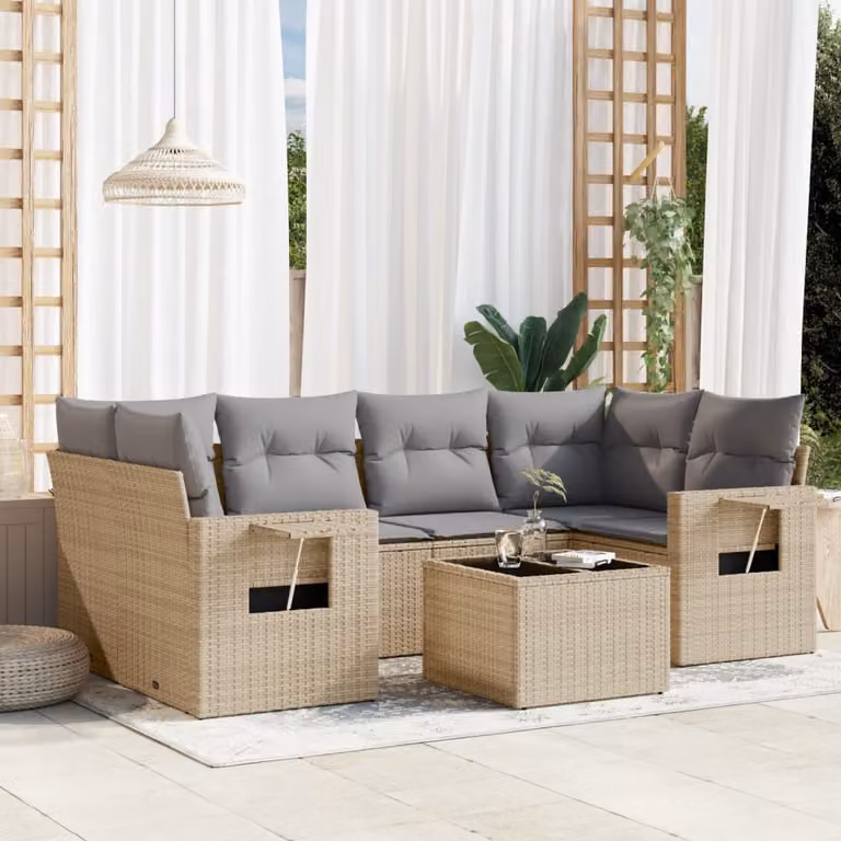 vidaXL Set Divani da Giardino 7 pz a L con Cuscini Beige in Polyrattan e Tavolino da Esterno