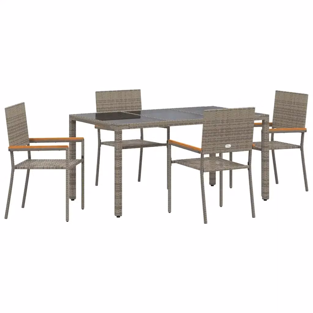 Set da pranzo per giardino vidaXL in polyrattan e legno di acacia con piano in vetro, 5 pezzi, Grigio e Marrone – 2