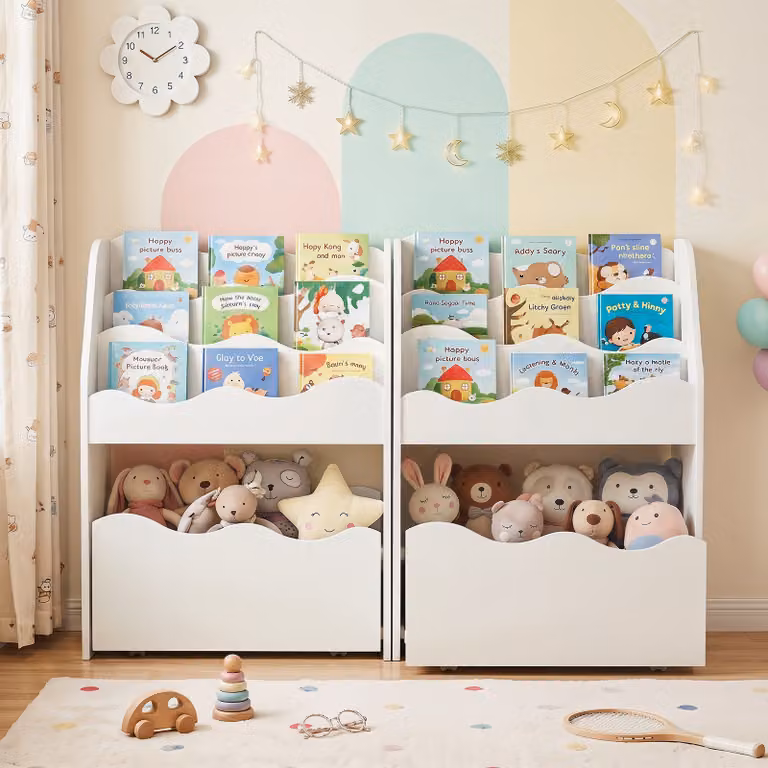 Libreria montessoriana per bambini Costway in legno a 4 livelli con cassetto portagiochi e ruote, Bianco