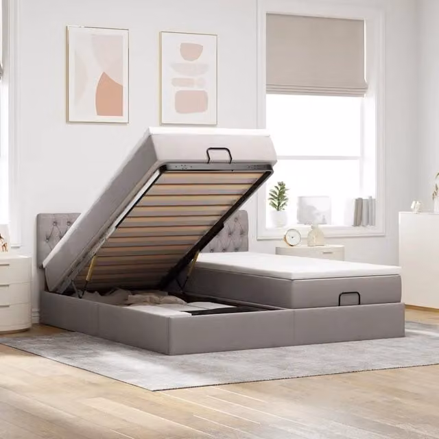 Letto con contenitore a sollevamento vidaXL in tessuto beige e grigio con illuminazione sottostante e porta di ricarica USB L: 200 cm, P: 200 cm, H: 280 cm