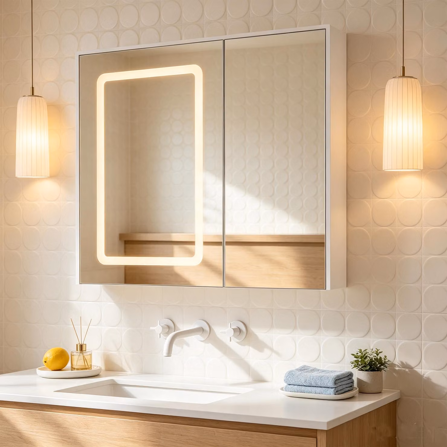 INONEFT, mobiletti specchio da bagno con illuminazione LED a 3 colori, 70x13,5x60 cm, con 2 ante, specchio bilaterale e funzione antiappannamento, regolabile, colore bianco