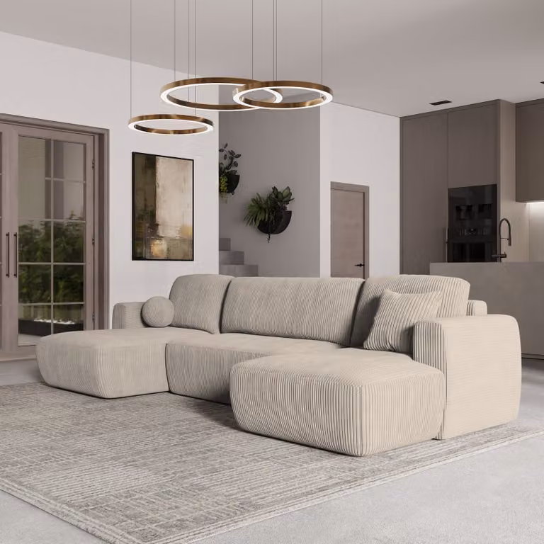 Divano angolare SENTUM P di Masseno con funzione letto a U, divano con box letto, divano da salotto, divano, divano, divano letto, set di divani - crema, POSO 100