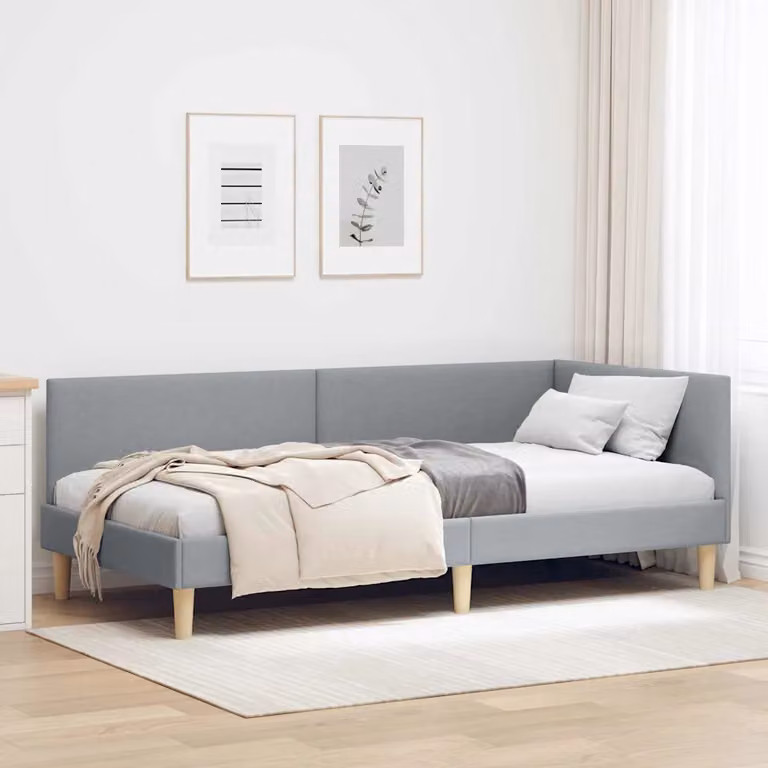 vidaXL Cornice del letto ad angolo moderna in tessuto grigio con doghe in legno L/P/H: 200 x 90 x 72 cm