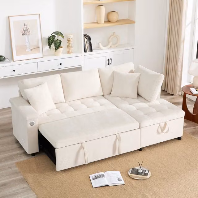 Divano ad angolo convertibile 209 x 130 x 84 cm; forma a L; zona notte; baule portaoggetti; porta USB; bracciolo tablet; cuscini 2; ciniglia; beige