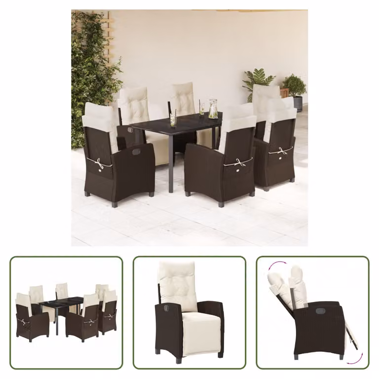 The Living Store Set da pranzo da giardino 7 pezzi con cuscini in polirattan marrone