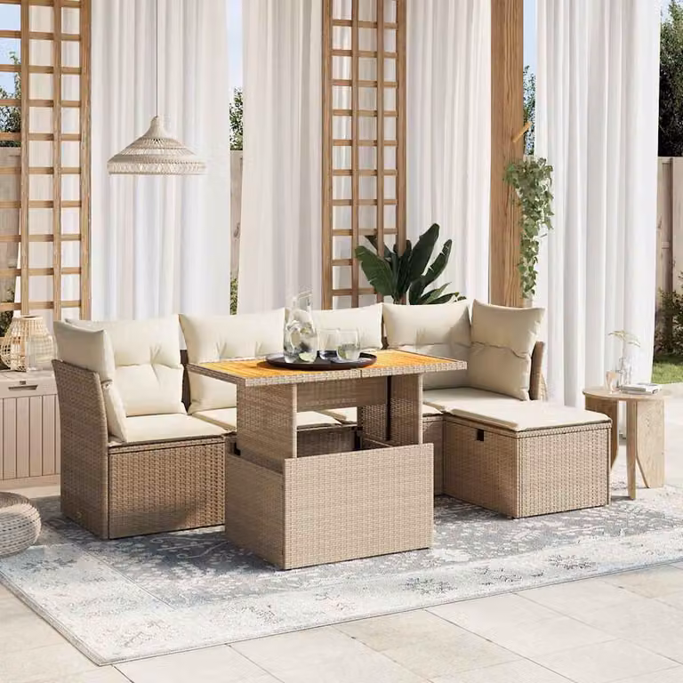 vidaXL Set Divano da Giardino a L 6 pz con Tavolino e Ottoman in Polyrattan e Legno di Acacia, Cuscini Beige e Rivestimenti Rimovibili