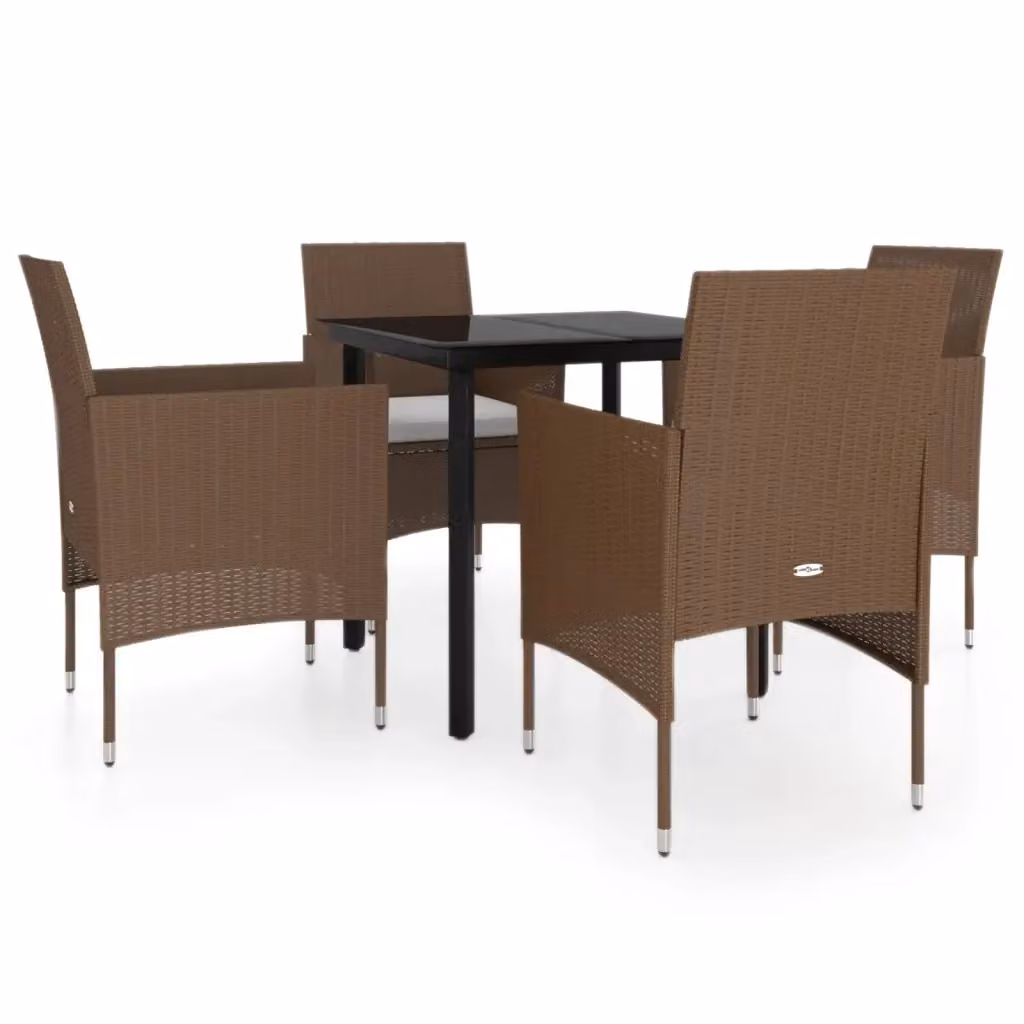 Set da pranzo da giardino vidaXL in polyrattan con tavolo in vetro e 5 sedie con cuscini, marrone e nero – 2