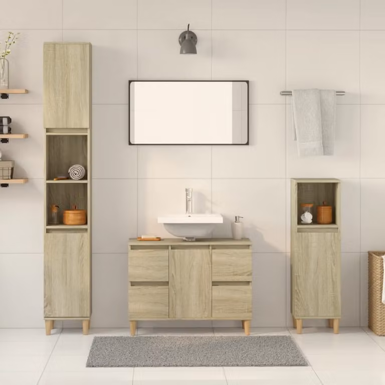 Set di mobili da bagno vidaXL 3 pezzi in legno MDF marrone e beige, composto da mobile lavabo, colonna alta e mobile laterale, design moderno a parete