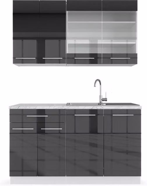 Cucina completa Fame-Line Antracite lucido/Bianco 140 cm senza piano di lavoro Vicco