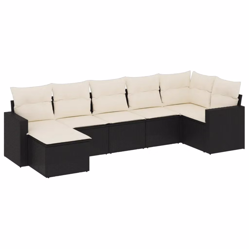vidaXL Set Divano da Giardino a L con 7 Cuscini, Struttura in Metallo e Polyrattan Nero e Bianco – 2