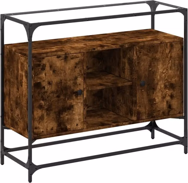 Buffet credenza con cassettiera e piano in vetro per cucina e soggiorno, stile industrial, colore marrone