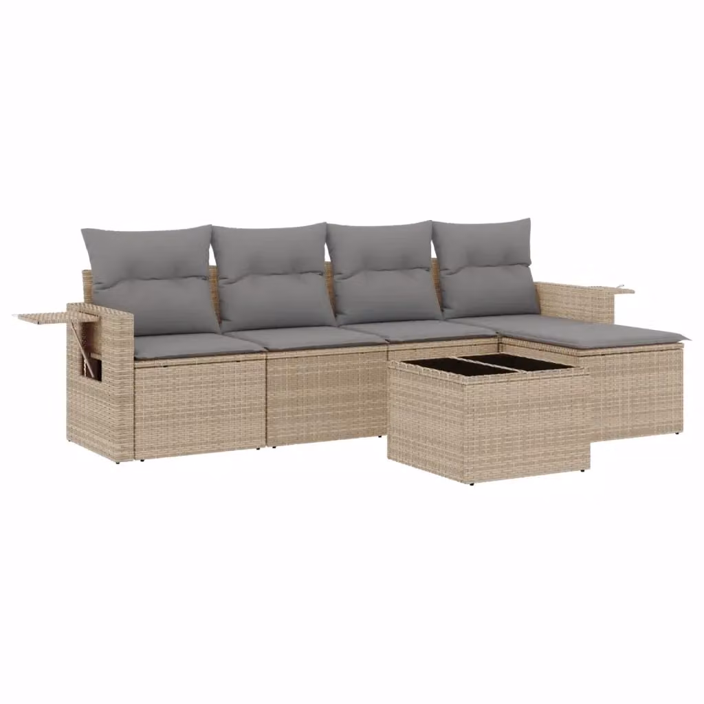 vidaXL Set Divano da Giardino a L composto da 6 pezzi con Cuscini Beige e Tavolino in Vetro – 2