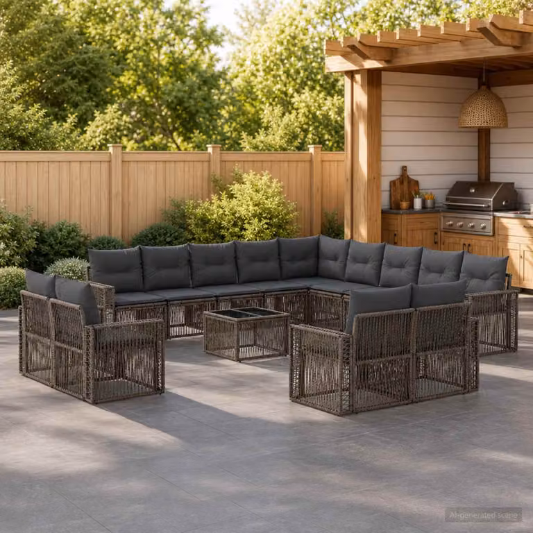 Set Divano da Giardino vidaXL 14 pz a forma a U in Polyrattan Grigio e Antracite con Cuscini e Tavolino