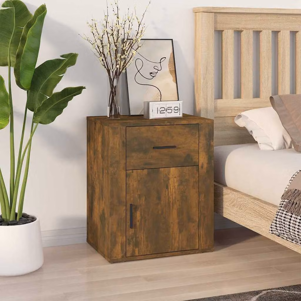 Comodino vidaXL in Rovere Fumo e Legno Multistrato, Colore Marrone, L 50 cm x P 36 cm x H 60 cm