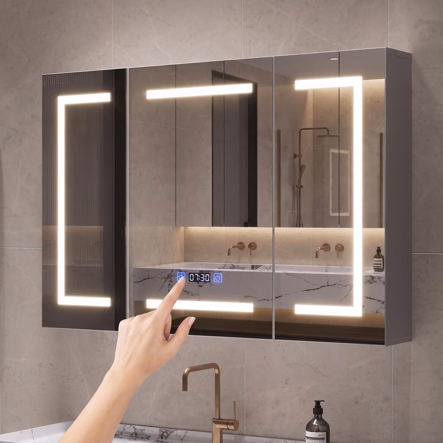 INONEFT, mobiletti da bagno con specchio a LED, illuminazione a 3 colori, 100x13,5x60 cm, presa per rasoio a contatto, 3 ante, mobile con specchio, regolabile, antiappannamento, bianco