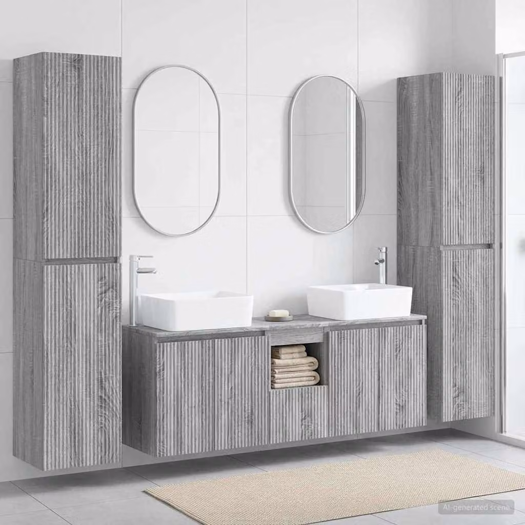 Set di mobili per il bagno moderno vidaXL in 5 pezzi colore grigio con armadietti a muro e mobile lavabo in MDF