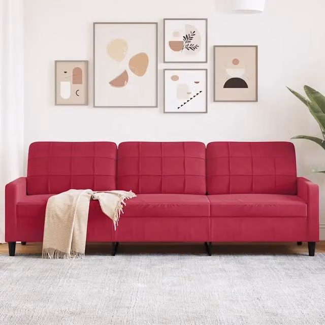 Divano moderno a 3 posti vidaXL in velluto rosso con struttura in metallo L: 226 cm, P: 80 cm, H: 77 cm