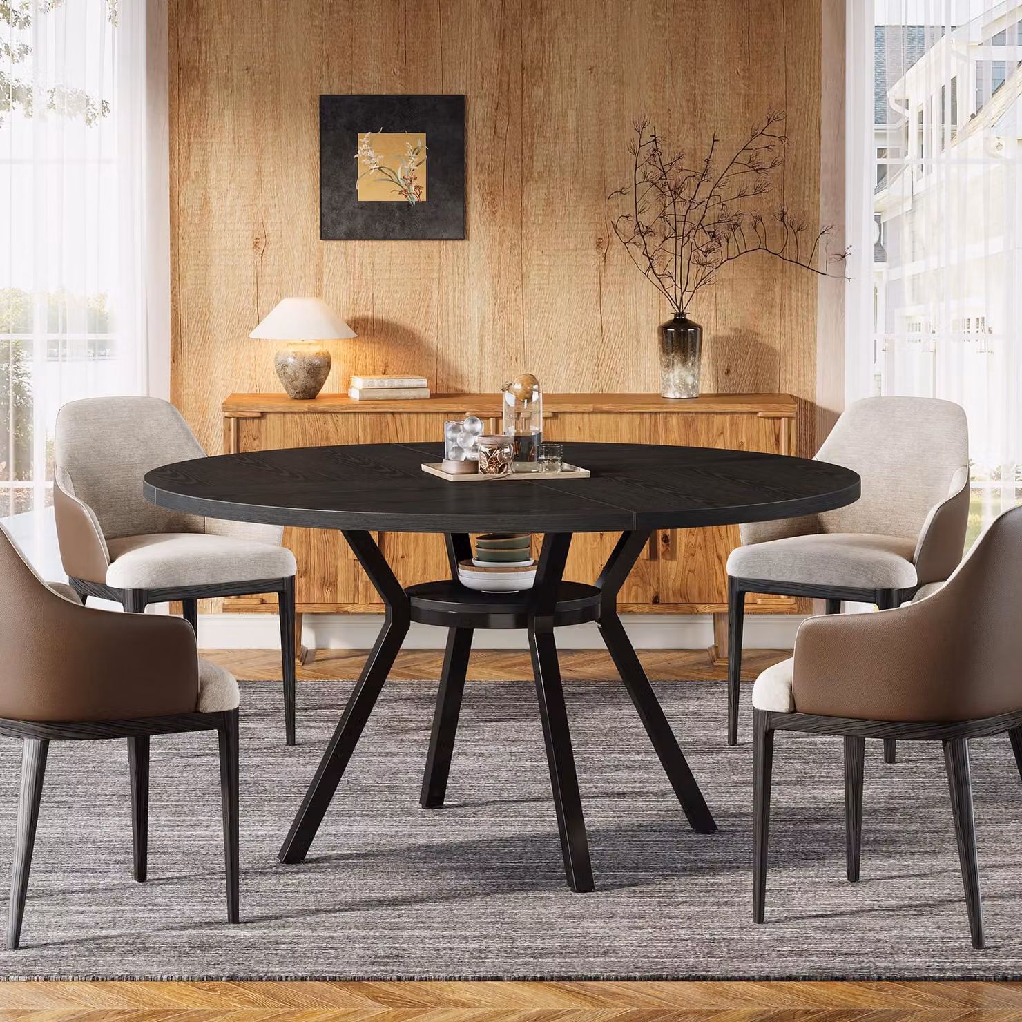 Tribesigns tavolo da pranzo rotondo per 4 persone, 120 CM tavolo rotondo per sala da pranzo con base in metallo, tavolo da cucina con vano portaoggetti, sala da pranzo, soggiorno, nero