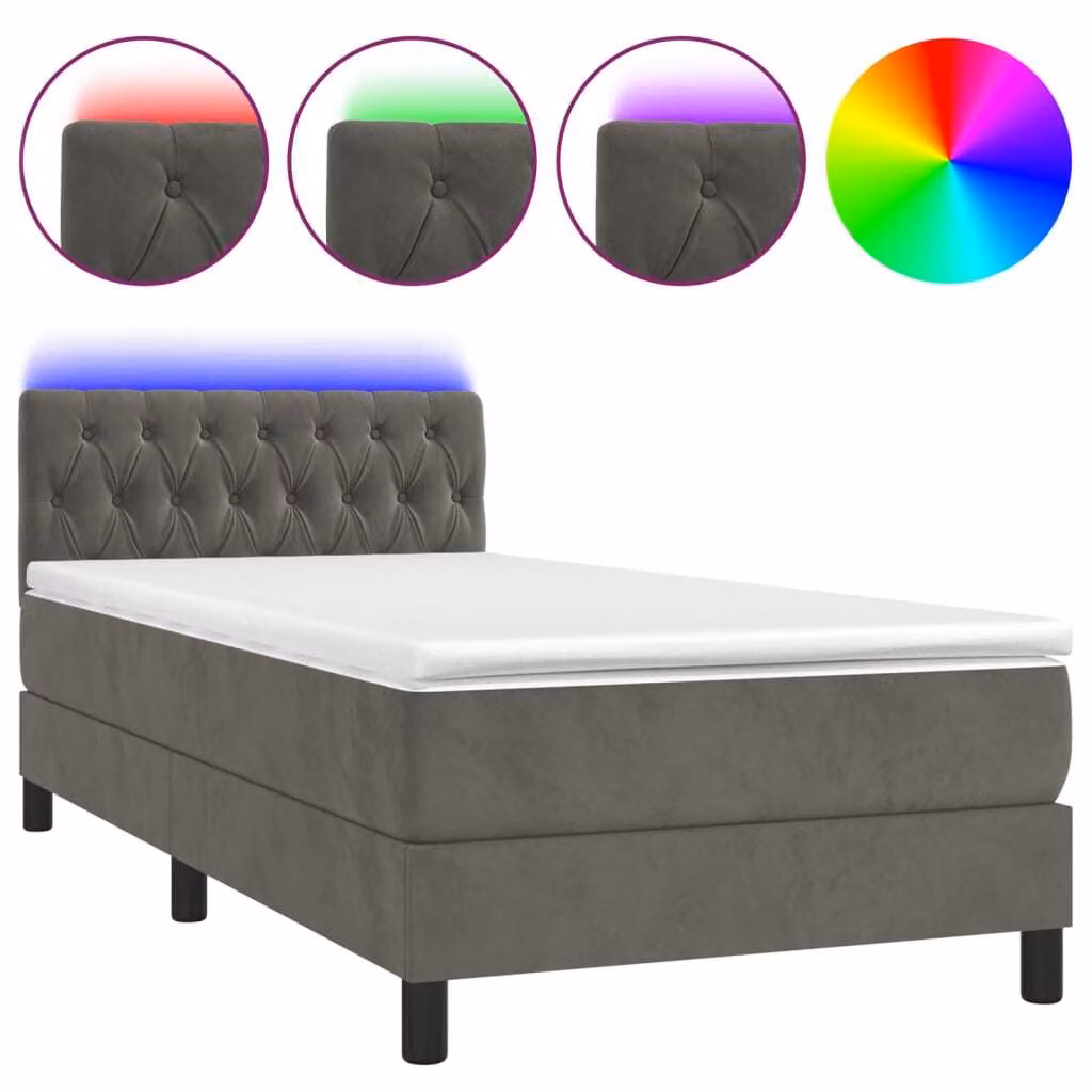 Letto a Molle con Materasso e LED Grigio Scuro 90x190cm Velluto