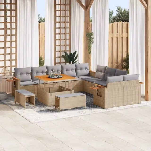 Set da giardino moderno vidaXL a forma di U con divano a 3 posti, pouf e tavolino da caffè in metallo con cuscini beige e grigi – 1