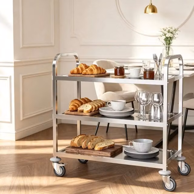 Carrello da cucina moderno WISHDOR in metallo argento con 3 ripiani e ruote girevoli L: 90,5 cm, P: 50,5 cm, H: 88,2 cm