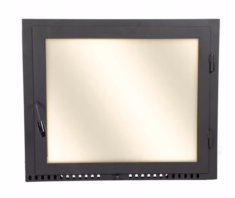 Porta forno per pizza 65x50 cm con vetro resistente al calore, acciaio con flangia e cerniera destra, ideale per camino o forno 650×500 mm.