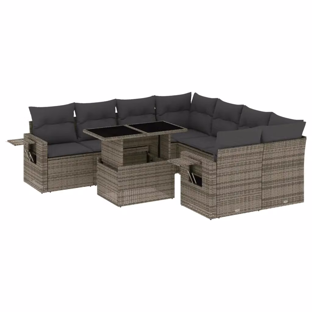 vidaXL Set Divano da Giardino a L 9 pz in Polyrattan Grigio con Cuscini e Tavolino – 2