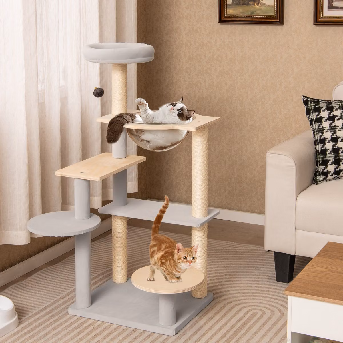 Albero per gatti Costway a più livelli con piattaforma imbottita rimovibile e amaca, centro attività per gatti da interno, Grigio, Altezza: 113 cm
