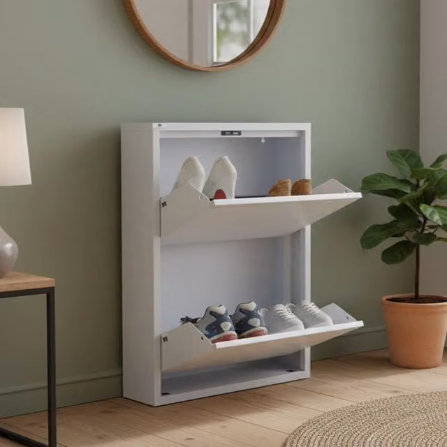 Scarpiera Igina DMORA, Mobile porta scarpe moderno in metallo bianco con ante a ribalta per ingresso, L: 50 cm, P: 15 cm, H: 71 cm