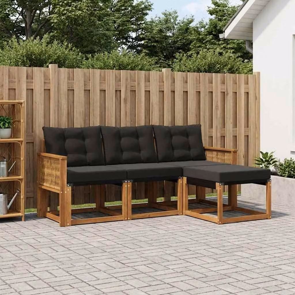 Set di divani da esterno vidaXL 4 pz in legno di acacia con cuscini e pouf, L-shape, Marrone e Nero