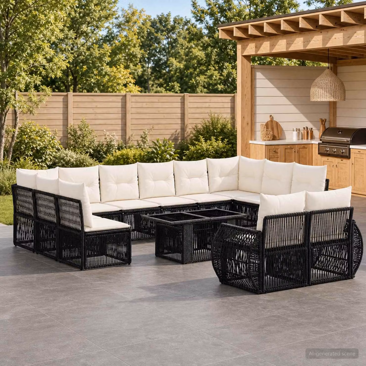 Set Divano da Giardino vidaXL 13 pz a forma di U con Tavolino, Colore Nero e Bianco Crema, Struttura in Metallo e Polyrattan con Cuscini Inclusi