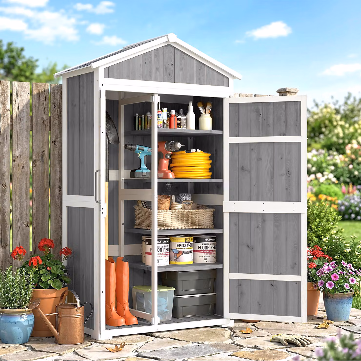 Armadio da giardino impermeabile Outsunny con doppia porta e ripiani interni, Grigio, L 105 x P 55 x H 179 cm – 2