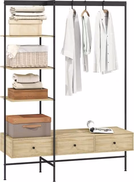 Armadio a colonna XYLO con ripiani, cassetti e appendiabiti in metallo e MDF, colore quercia, L: 180 cm, P: 50 cm, H: 200 cm
