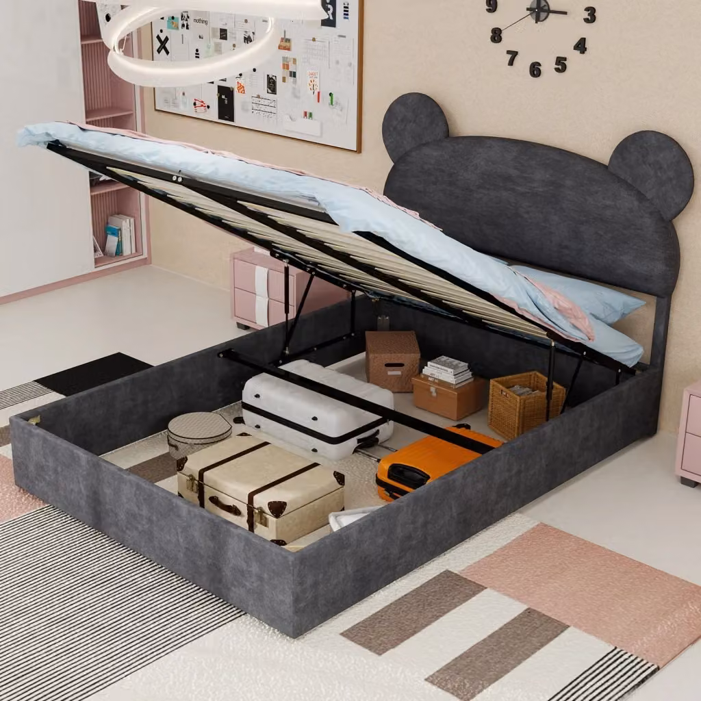 Letto bambino Chicfurn con contenitore a sollevamento e testiera imbottita, grigio, L 140 cm x P 200 cm – 2