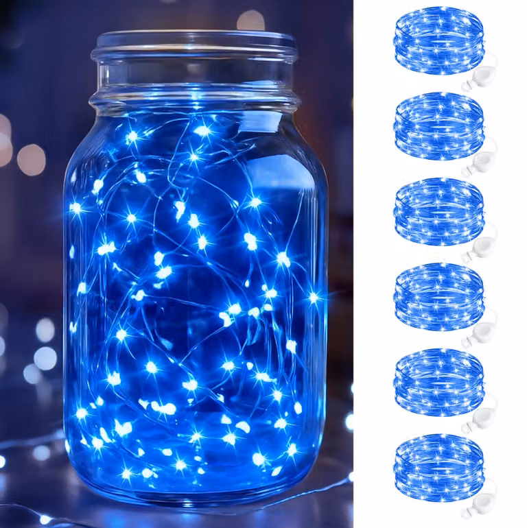 Set di 6 catene luminose a LED, lunghezza 2 metri, 20 LED, alimentazione a batteria, grado di protezione IP65, colore blu