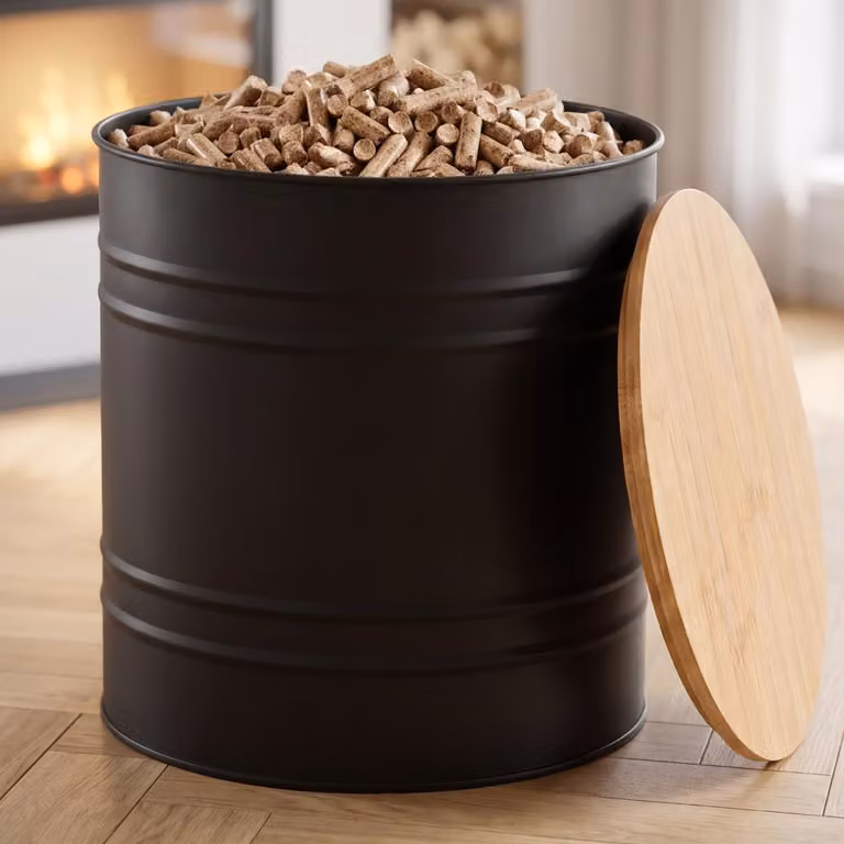 CASABEL Contenitore Pellet & Granuli Rotondo, Cap. 15kg, Coperchio Bambù