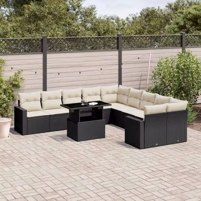 Set di divani da giardino vidaXL a forma di U composto da 11 pezzi con cuscini, tavolo da caffè e struttura in metallo nero e bianco