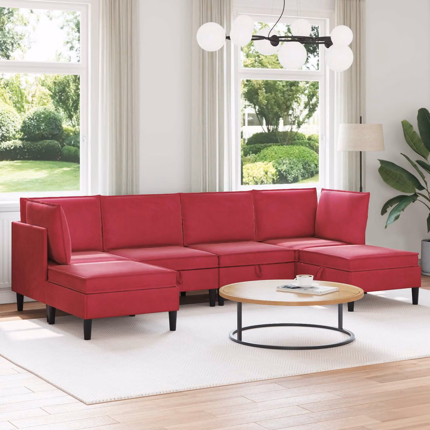 Set di mobili per il soggiorno vidaXL in velluto rosso, composizione a L con 6 pezzi e cuscini inclusi