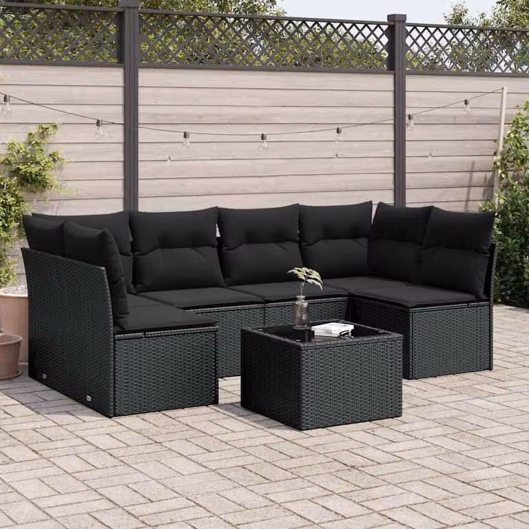 vidaXL Set Divani da Giardino a L con Cuscini 7pz in Polyrattan Nero con Tavolino da Esterno