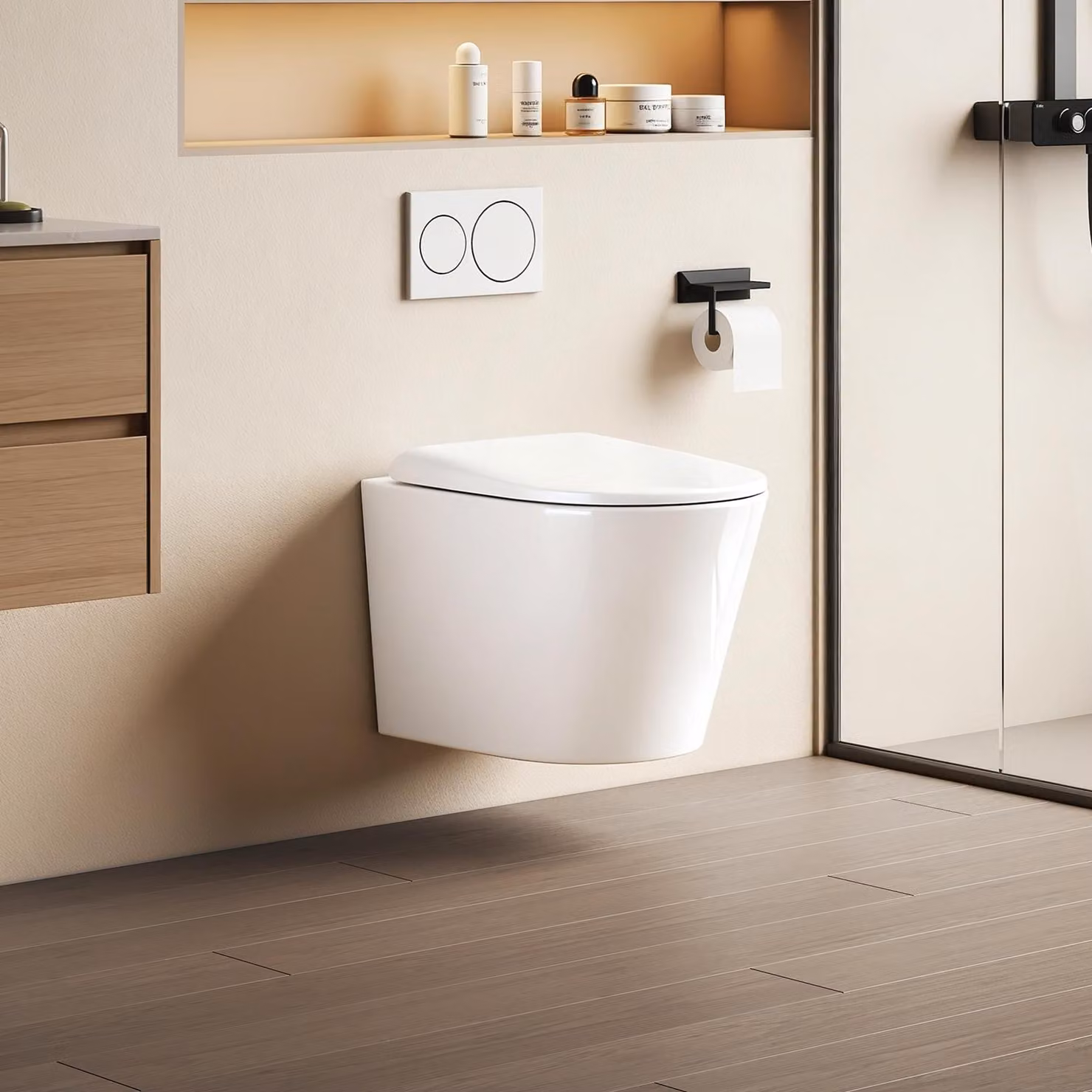 WC sospeso EMKE in ceramica a doppio foro con risciacquo a risparmio idrico, con scarico diretto e coperchio a chiusura ammortizzata, a bassa rumorosità, bianco lucido