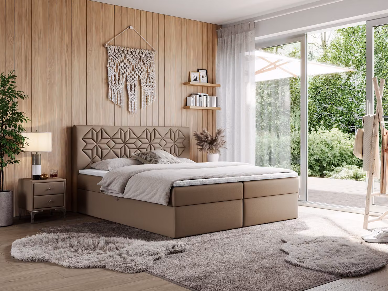 Letto boxspring MKS MEBLE 200x200 con materasso H3 e contenitore, letto matrimoniale con contenitore e topper, letto imbottito 200x200 con testiera - Leila - Pelle finta marrone - H3