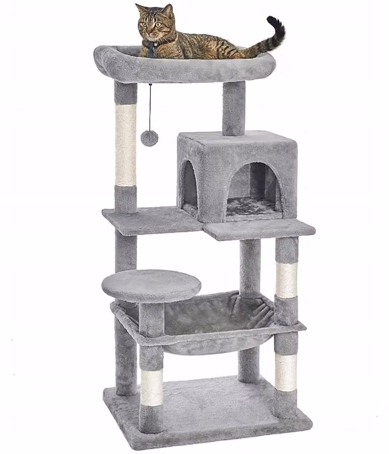 Tiragraffi per gatti, alto, 5 livelli, 143 cm, casetta, amaca, cuccia, grigio