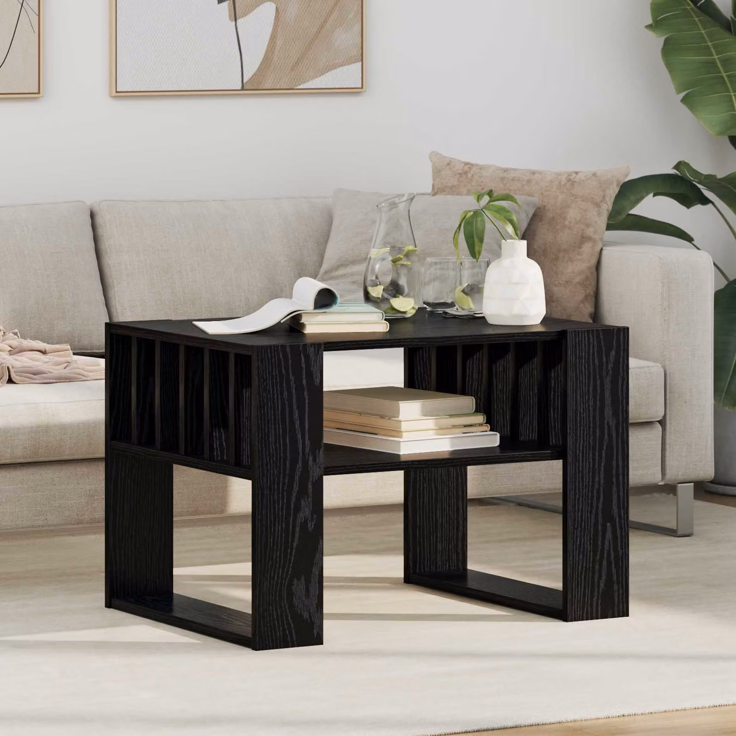 vidaXL Tavolino da salotto moderno in legno e MDF, colore nero e rovere, L 66 x P 49,5 x H 45 cm