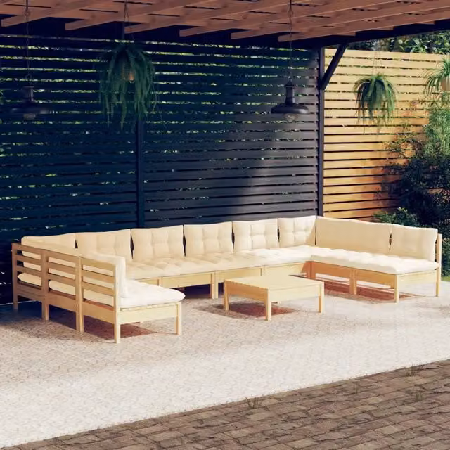 Set di Divani da Giardino a Forma di U vidaXL in Legno di Pino Massello con Cuscini Beige, 11 Pezzi