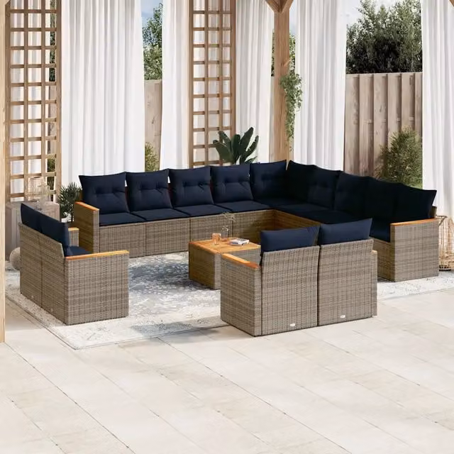 Set di Divani da Giardino a Forma di U vidaXL in Polyrattan con Cuscini Blu e Grigio e Tavolino da Caffè – 1